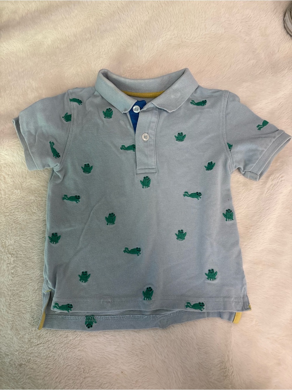 Boden Light Blue Polo with Green Frog Motif 2-3 years
